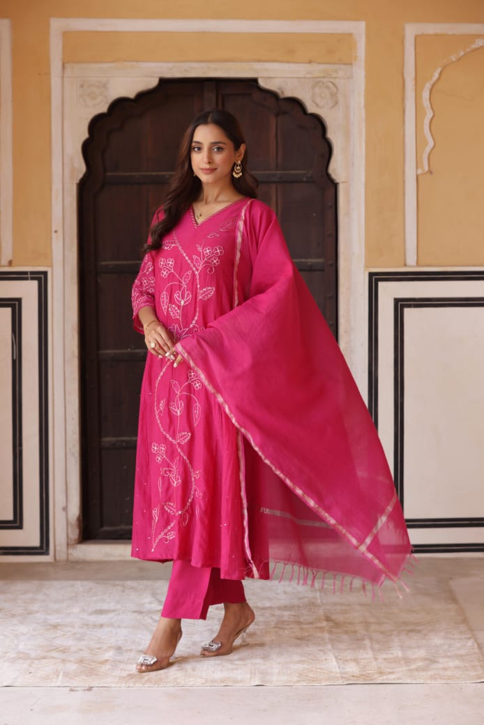 Bright pink pure mul chanderi A line with hand work three piece set (P1413)