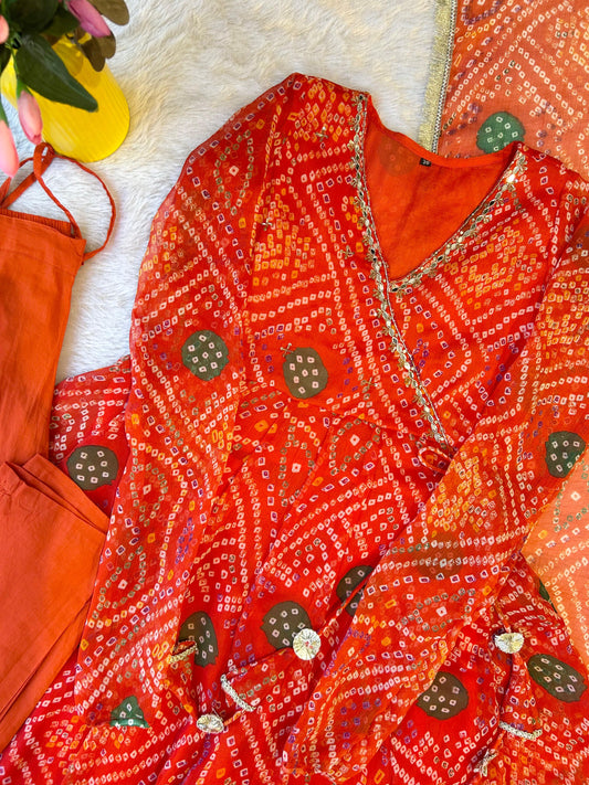 Orange pure chiffon with lining three piece set (A1422)