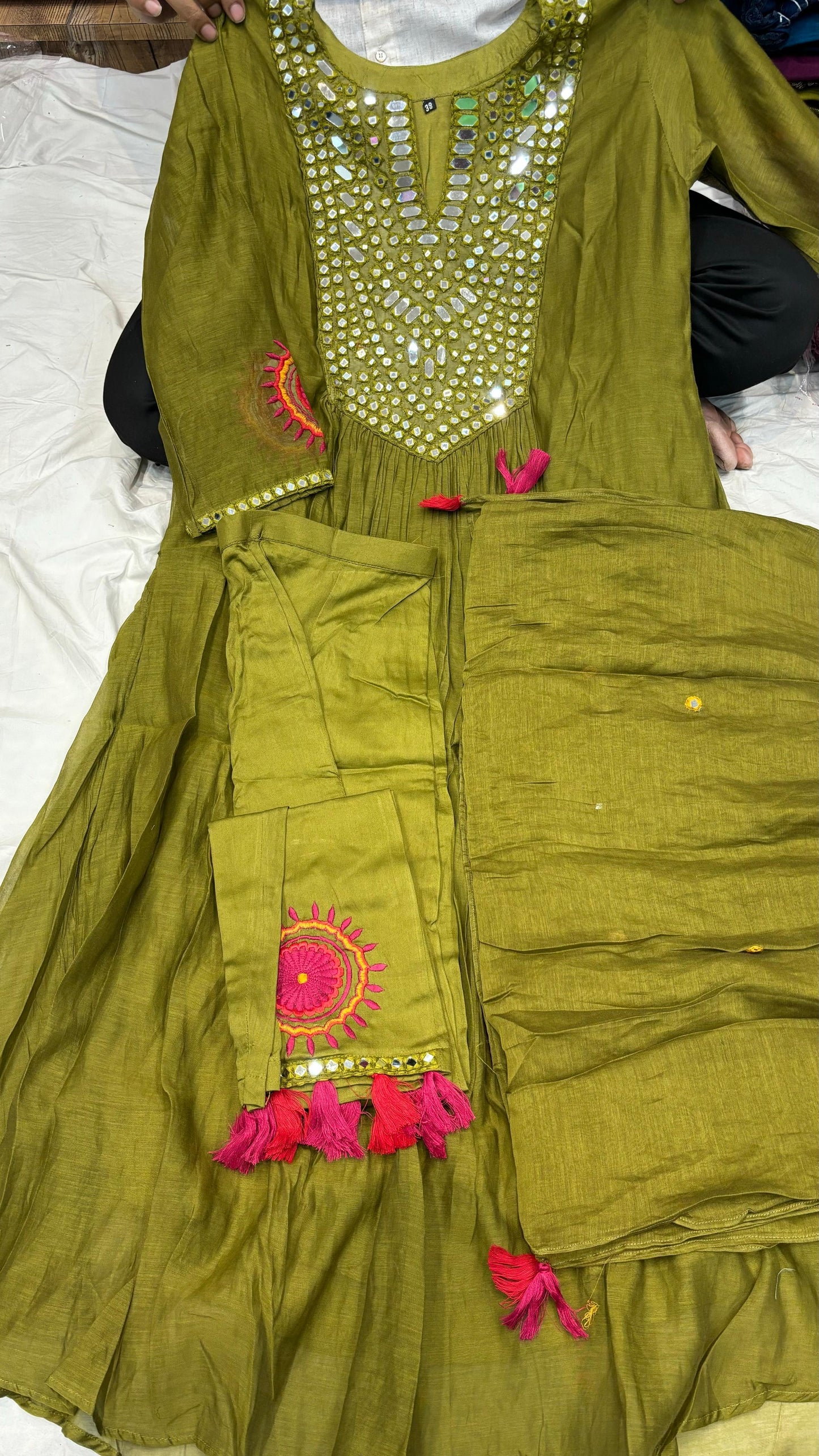 Green mul chanderi A line with real mirror work (P1364)