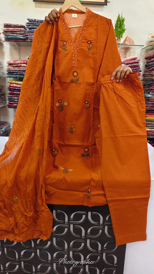 Orange pure cotton fully embroidered three piece set (A1180)