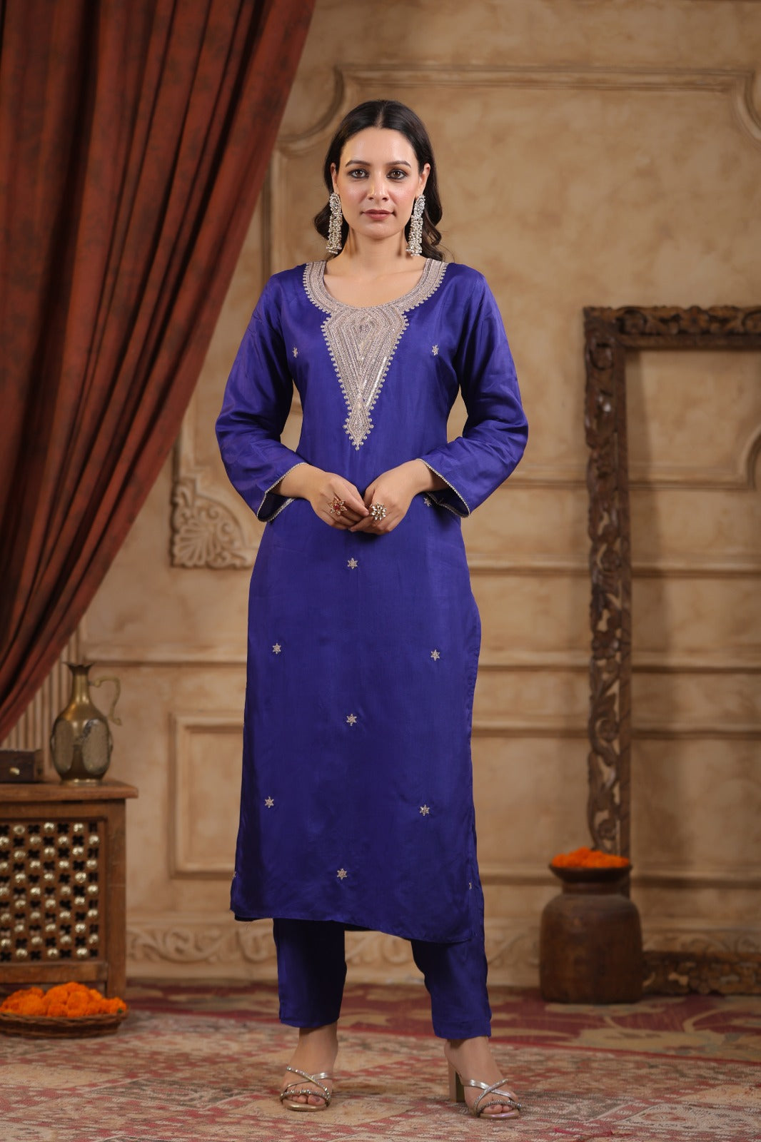 Purple pure silk withheavy work on neck line and bandani  dupatta (P1304)