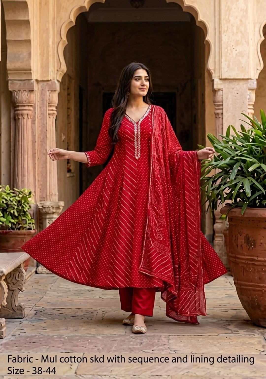 Red mul cotton lehriya anarkali three piece set (C118)