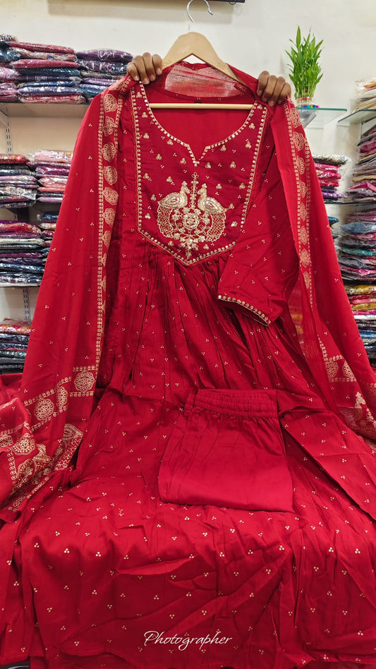 Red mul cotton with lining three piece set  (A556)