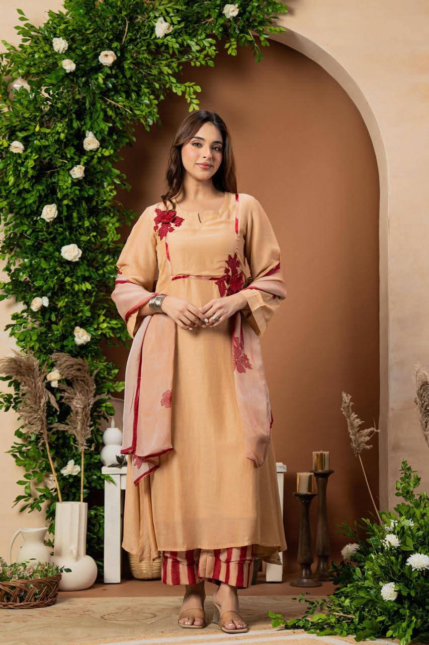Premium mul silk kurta in digital print with linen striped  pants and organza dupatta (A937)