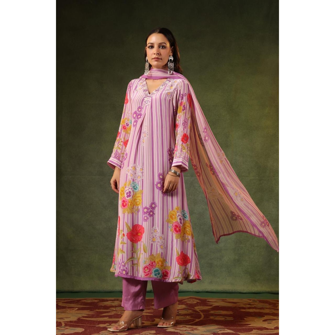 Purple pure muslin silk with organza duppatta three piece set (P662)