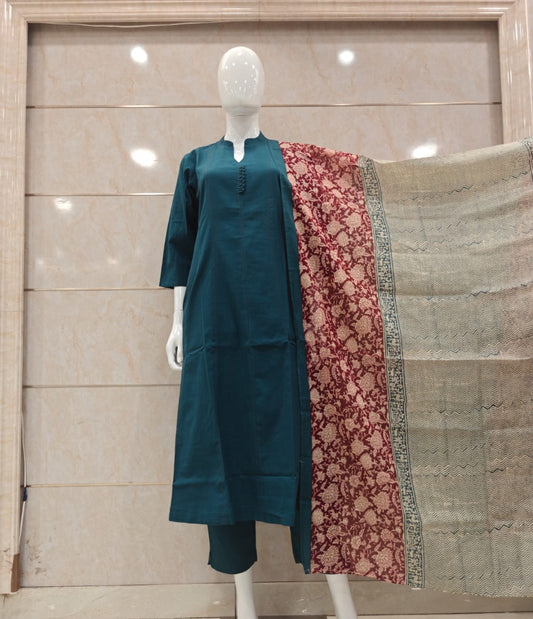 Handloom cotton with block print duptta three piece set (B208)