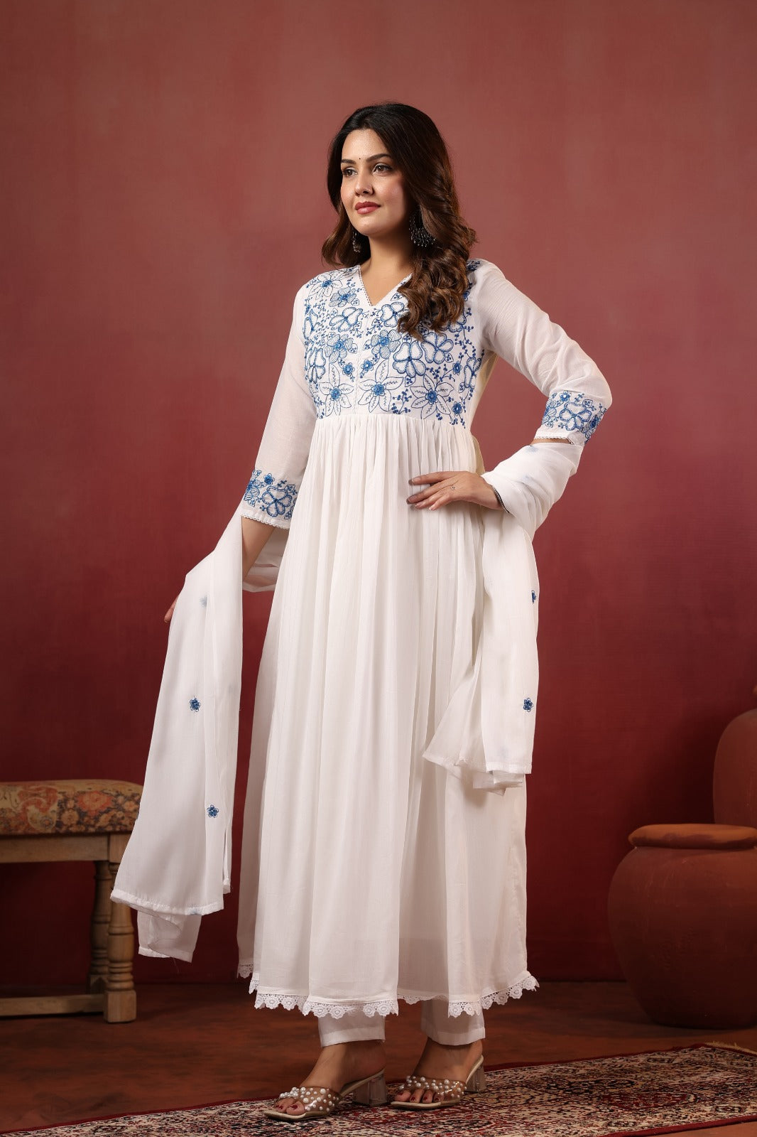 Milky white pure cotton with full lining and thread work flared three piece set (A1778)