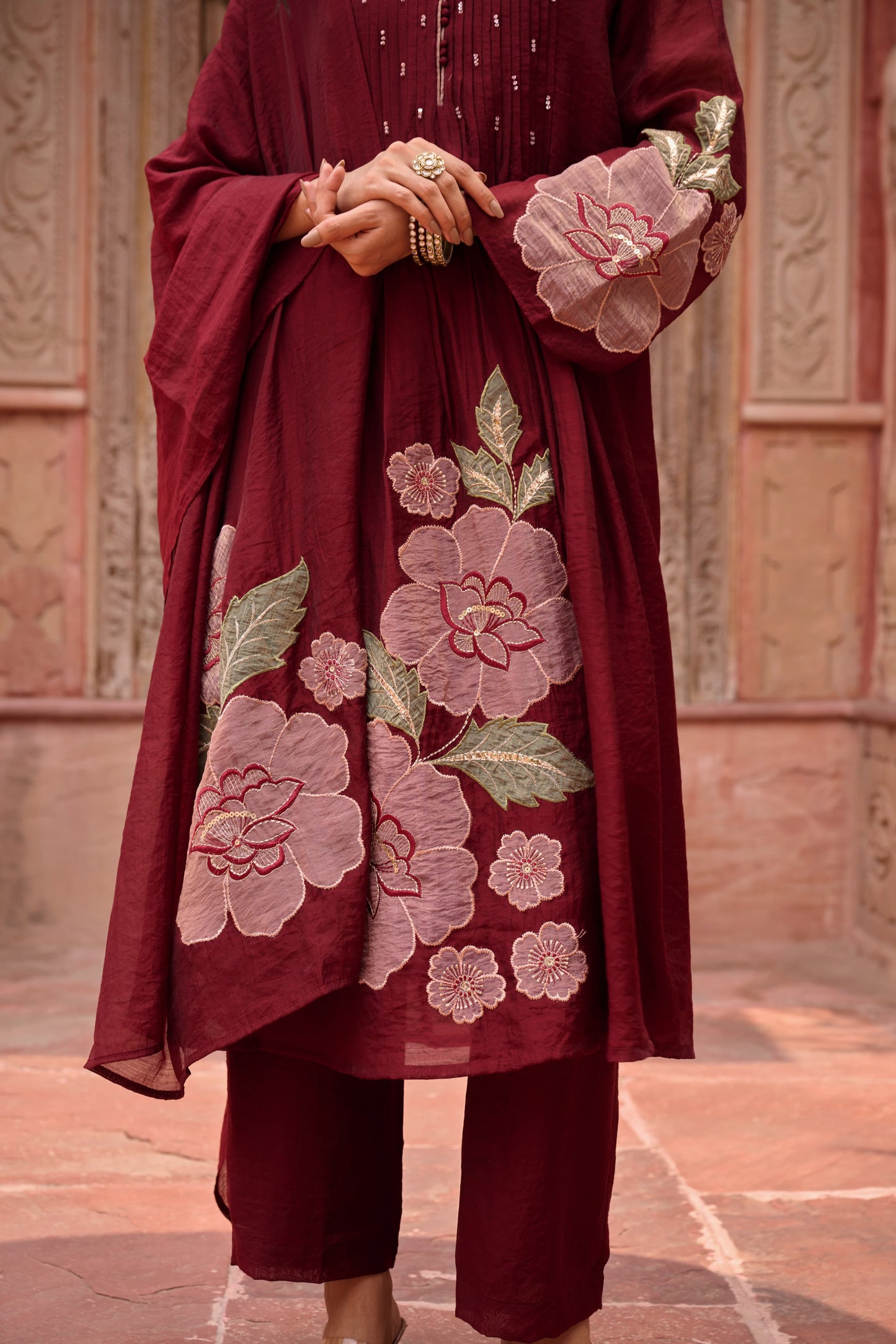 Mahroon mul chanderi applique work three piece set (A1009)