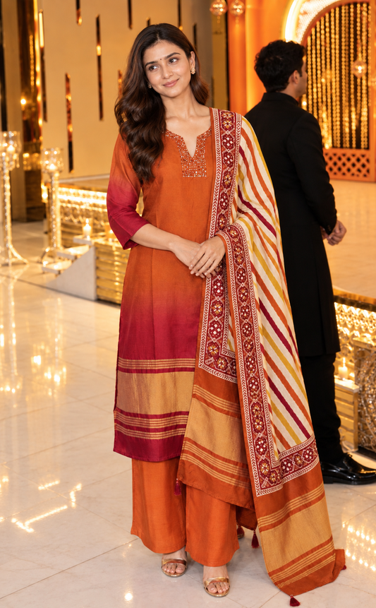 Pure dola silk with lagdi border Lehriya dupatta three piece set (C659)