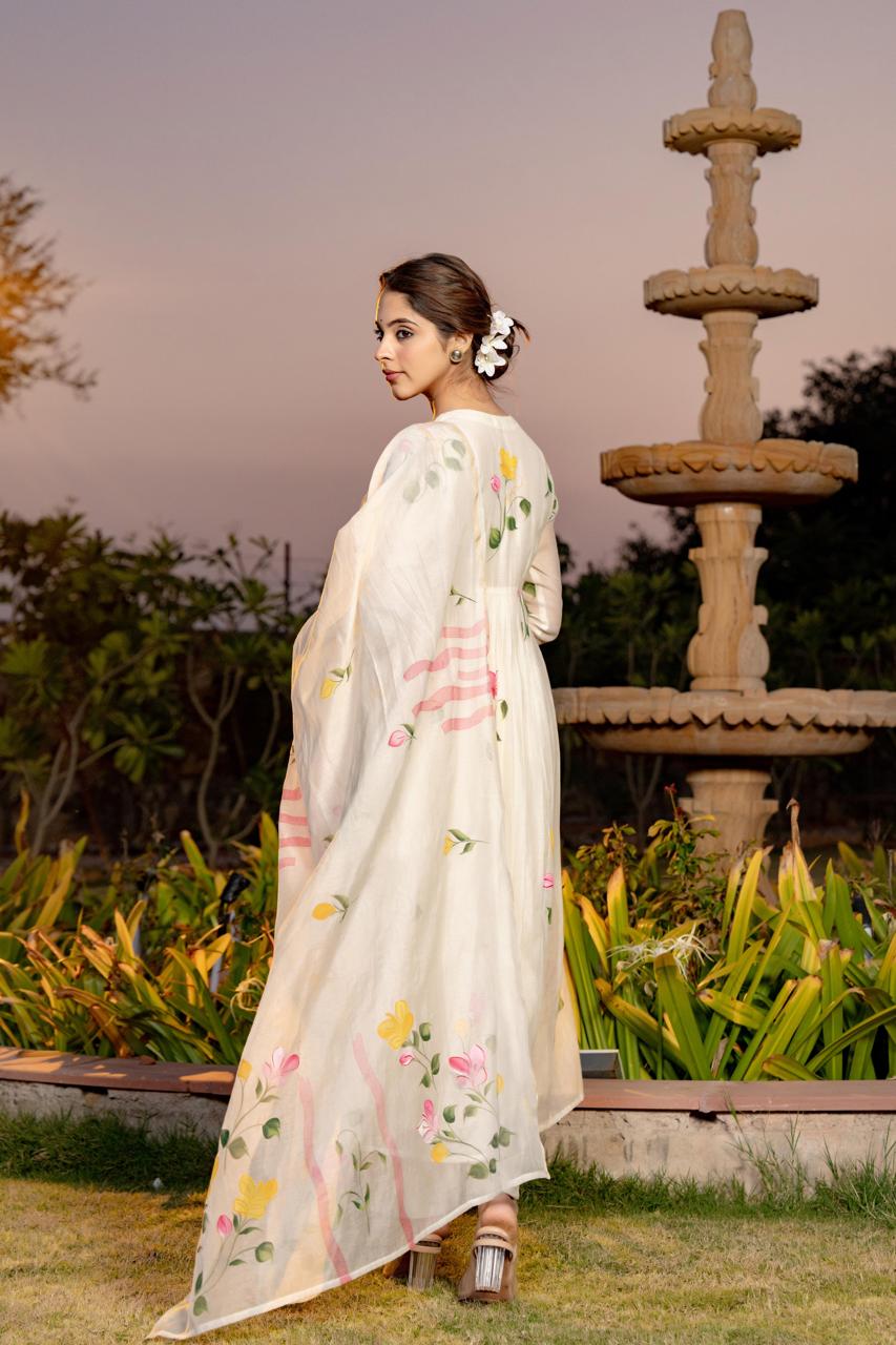 White pure mul chanderi with full thread embroidery on neck line designer three piece set (P1896)