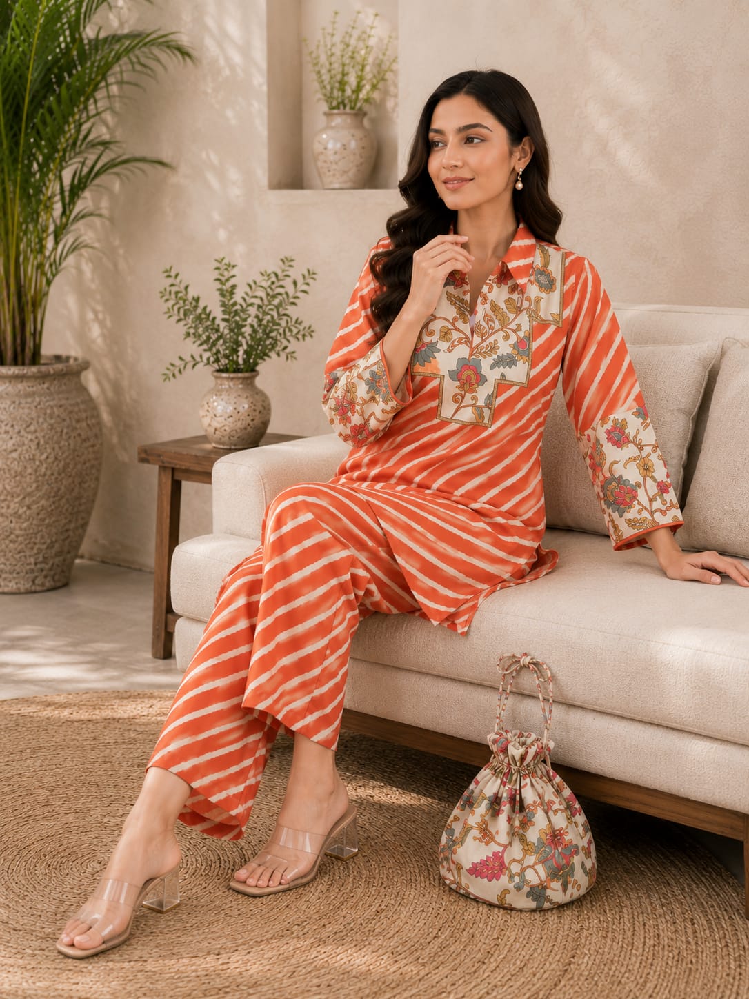 Pure muslin Lehriya with potli smart two piece cordset (C601)