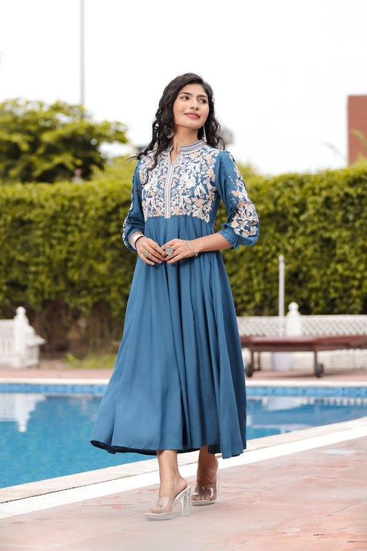 Blue with mul lining full thread work boho dress (P1226)