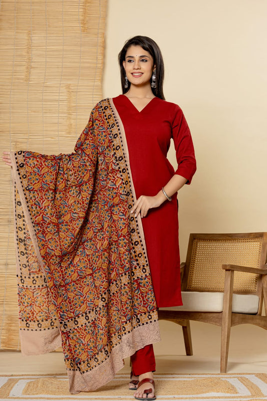 Mahroon pure cotton solid colour with kalamkari dupatta three piece set (P1928)