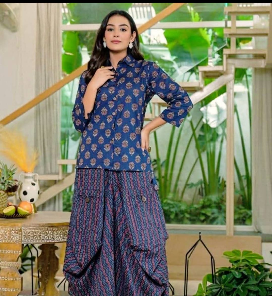 Blue pure cotton original block print with cowl skirt two piece cordset (A1293)