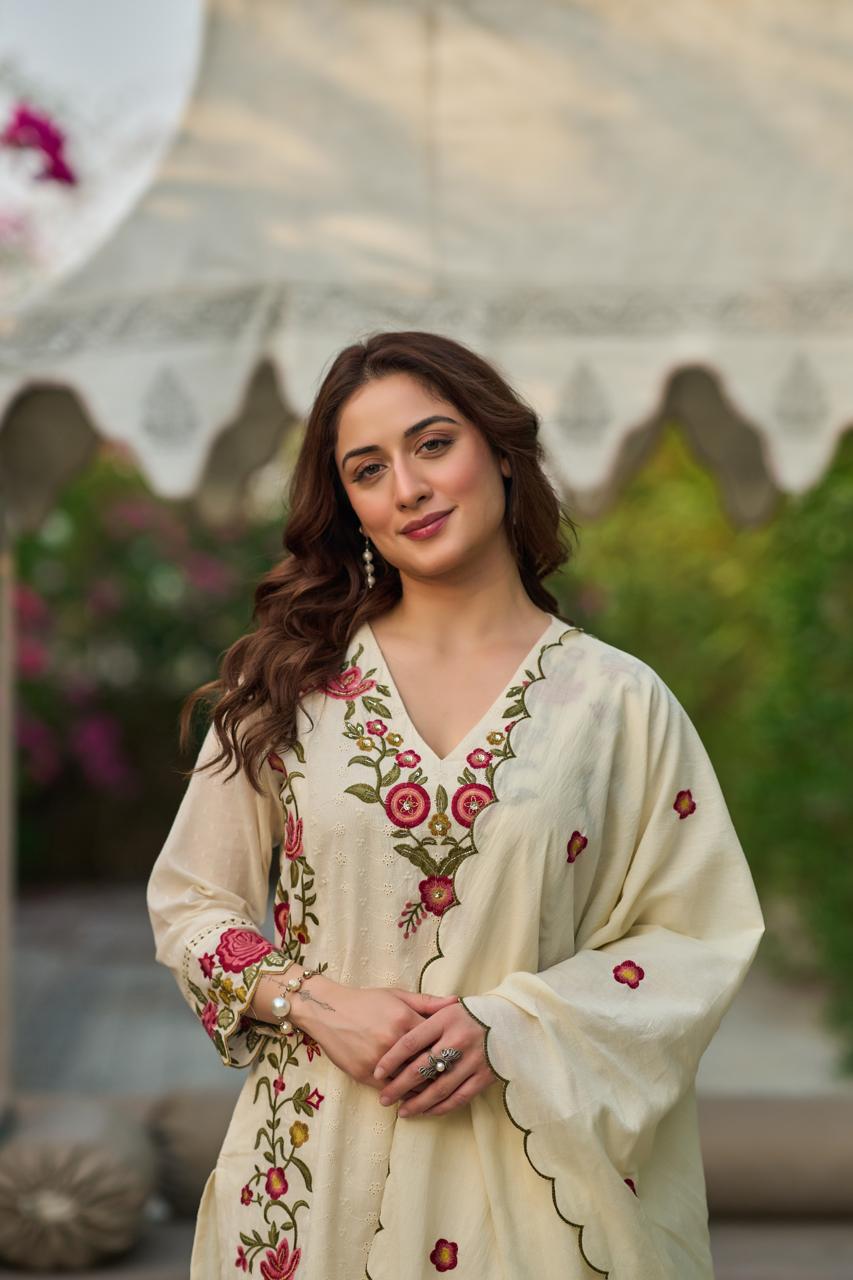 Cotton shifali with full thread work three piece set (B916)