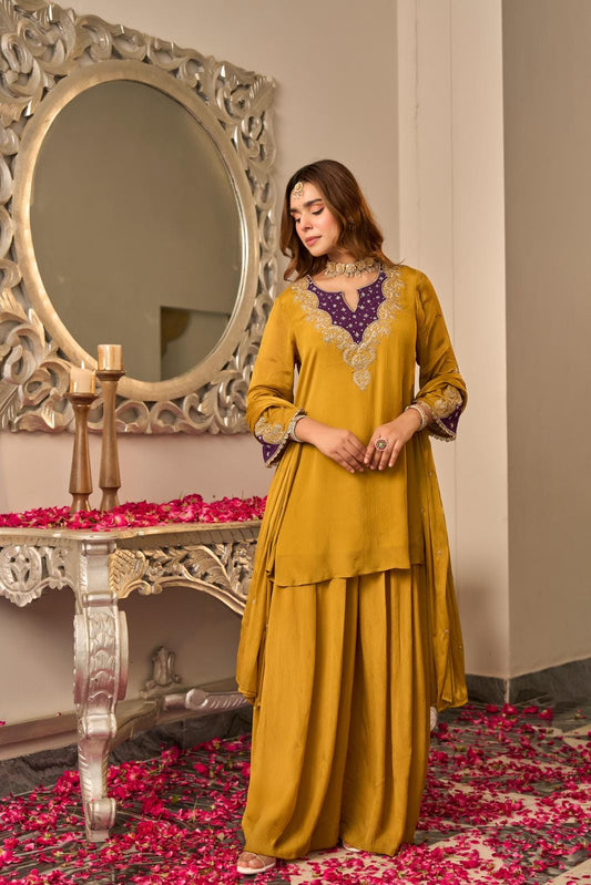 Pure chinnon with flared sharara mul cotton lining three piece set (S425)