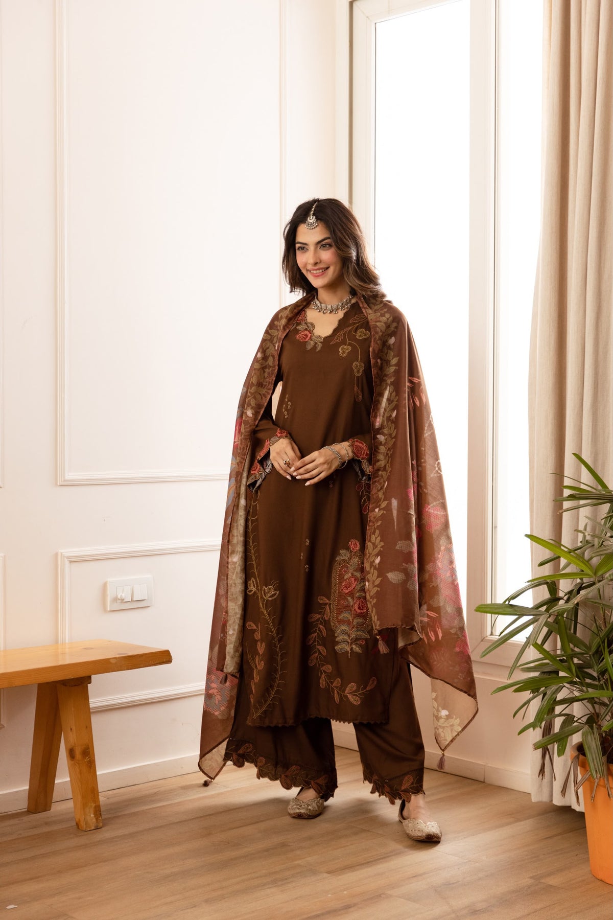 Cotton modal fully embroidered with printed dupatta three piece set (C801)