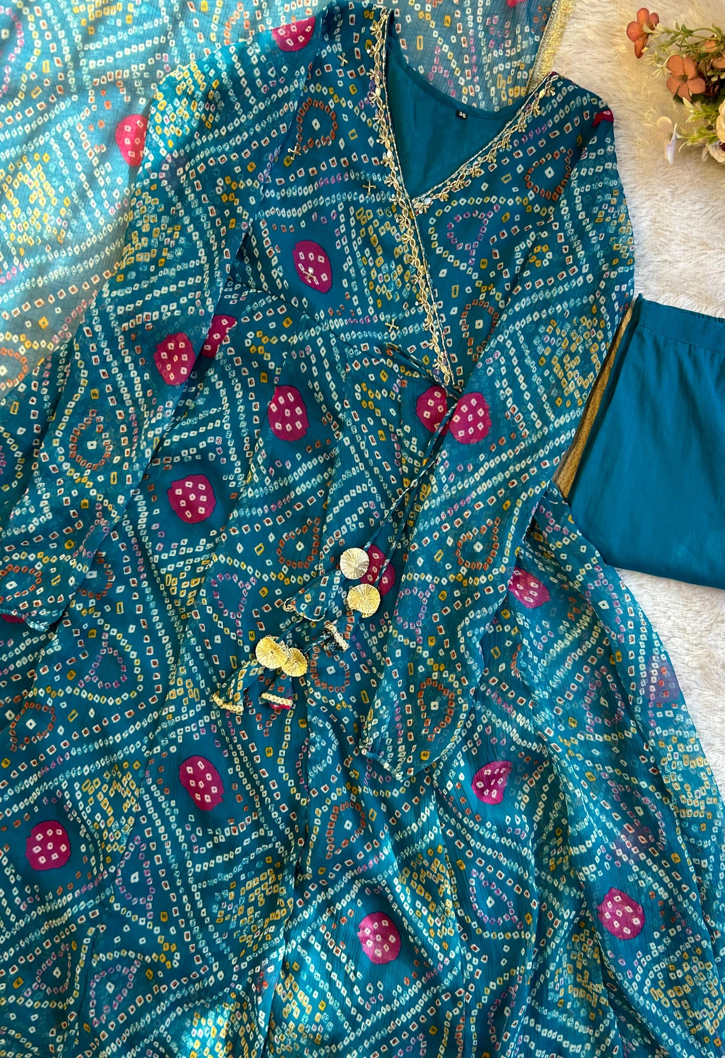 Pure chiffon bandani print designer three piece anarkali (A1258)