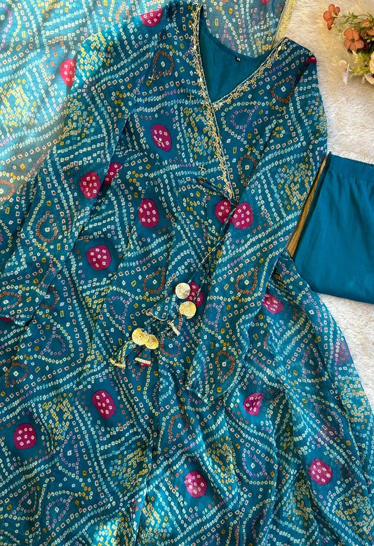 Pure chiffon bandani print designer three piece anarkali (A1258)