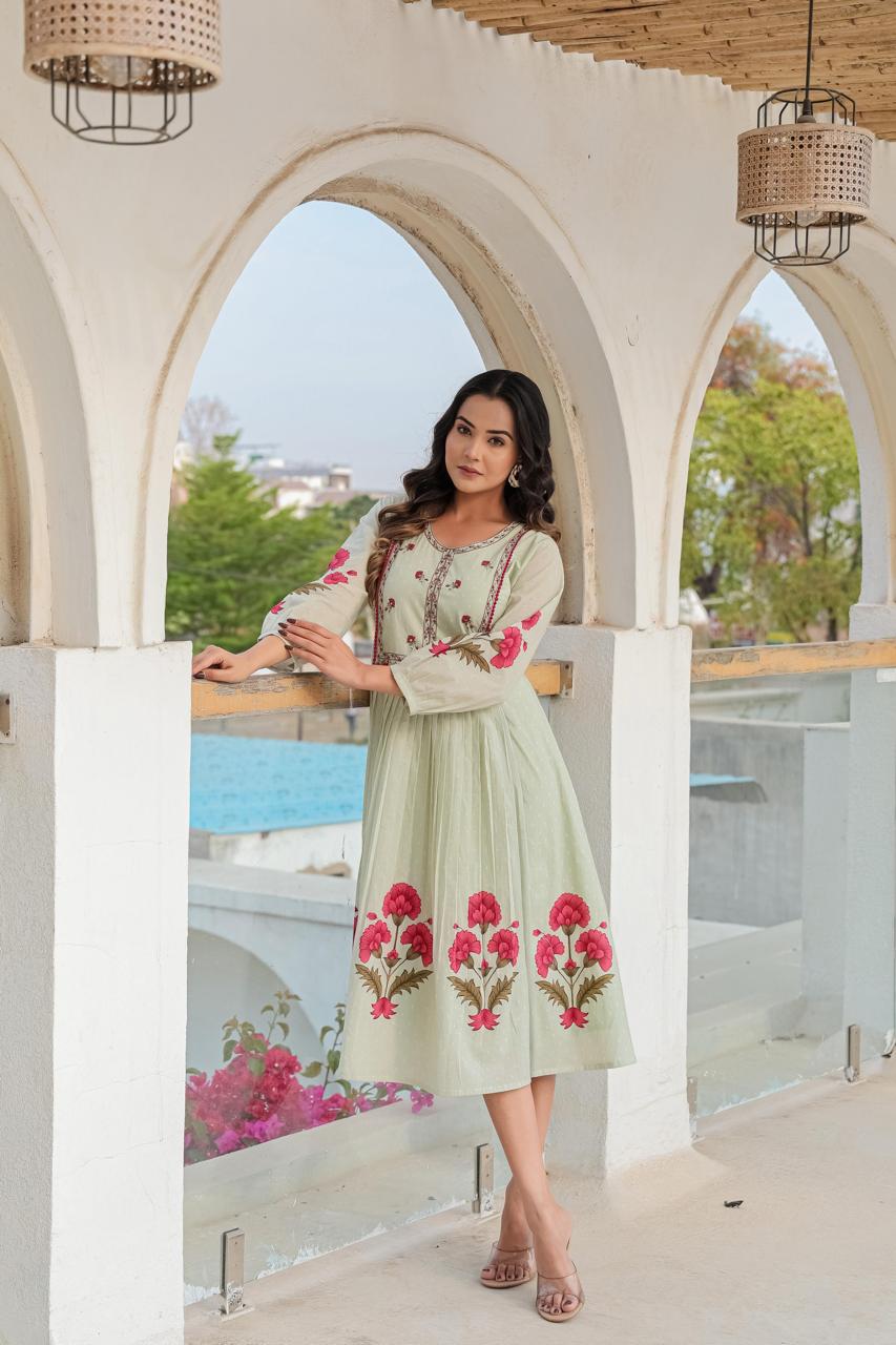 Light green with inner one piece block print dress (A117)