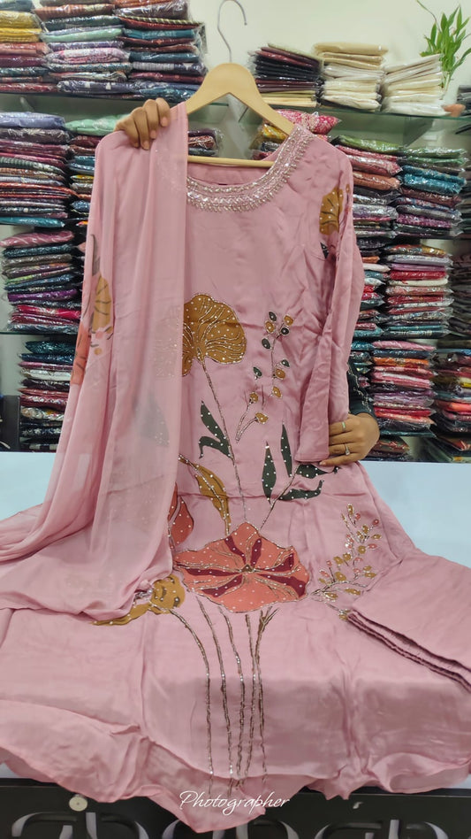 Pure chinnon with hand work three piece set (C158)