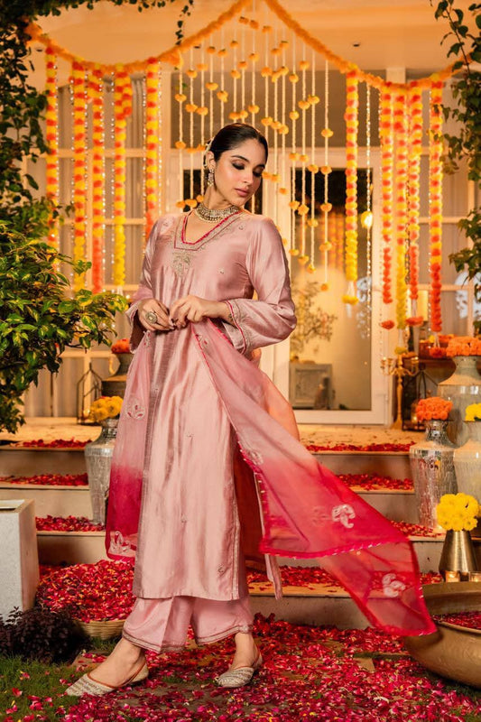 Pink pure dola silk three piece set (A1096)