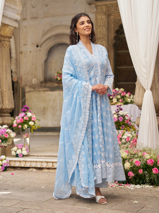 Powder blue full chikankari flared anarkali three piece set (A1779)
