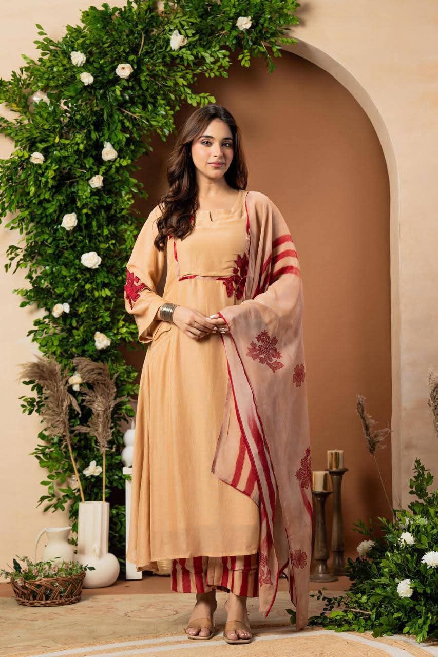 Premium mul silk kurta in digital print with linen striped  pants and organza dupatta (A937)
