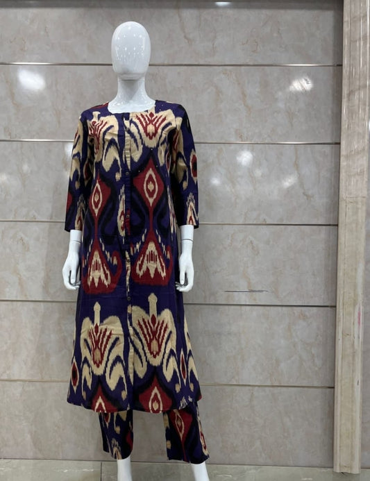 Purple ikkat pure cotton A line pattern two piece set (P2177)