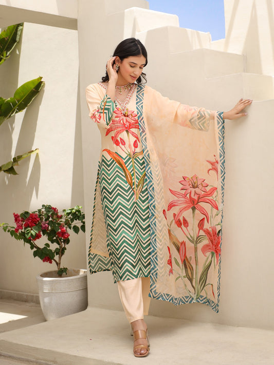 Peach with green pure silk with lining digital print(P116)