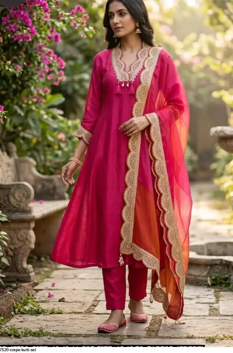 Pure crape with zari detailing A line pattern three piece set (Slim fit with margins) (S379)