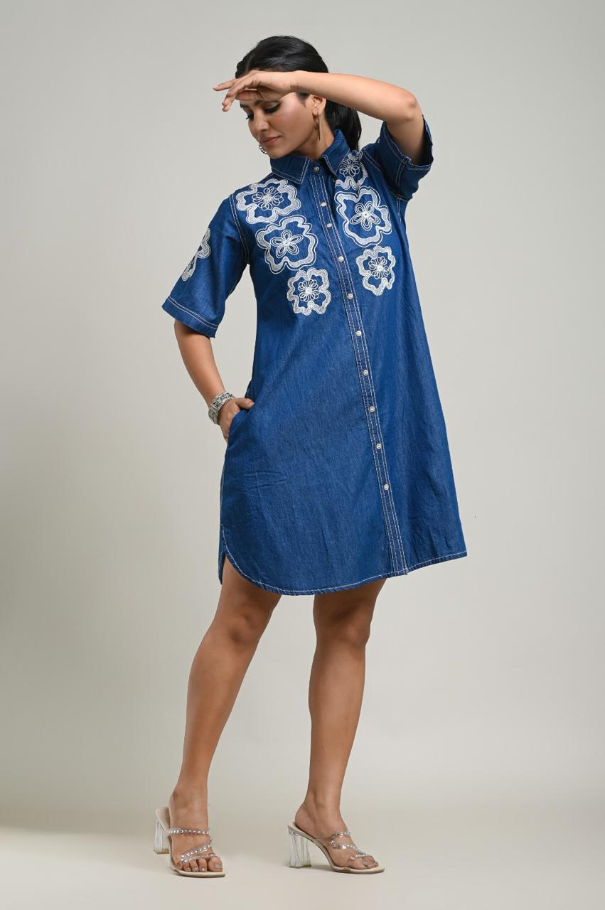 Denim Fully embroidered one piece dress (A1560)