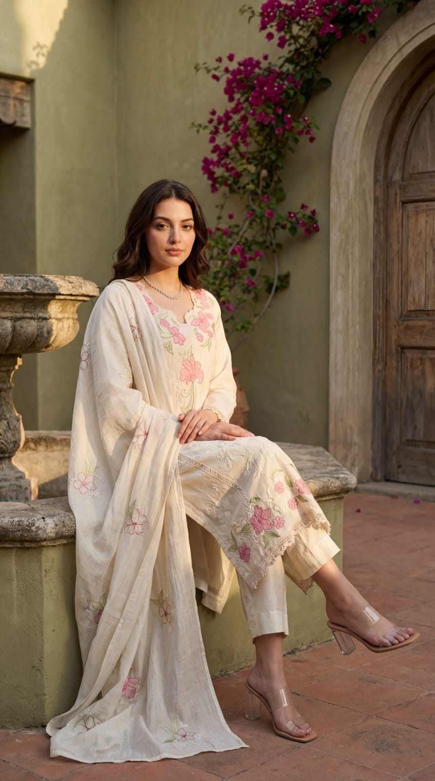 Pure mul chanderi with full thread work mul cotton lining three piece set (B171)