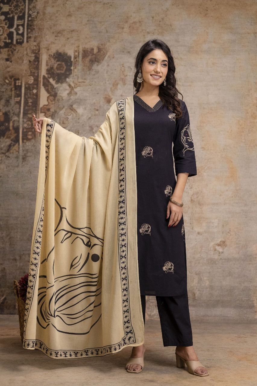 Pure cotton black colour with embroidery three piece set (A1263)