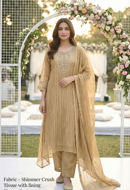Gold tissue shimmer with heavy work three piece set (B253)