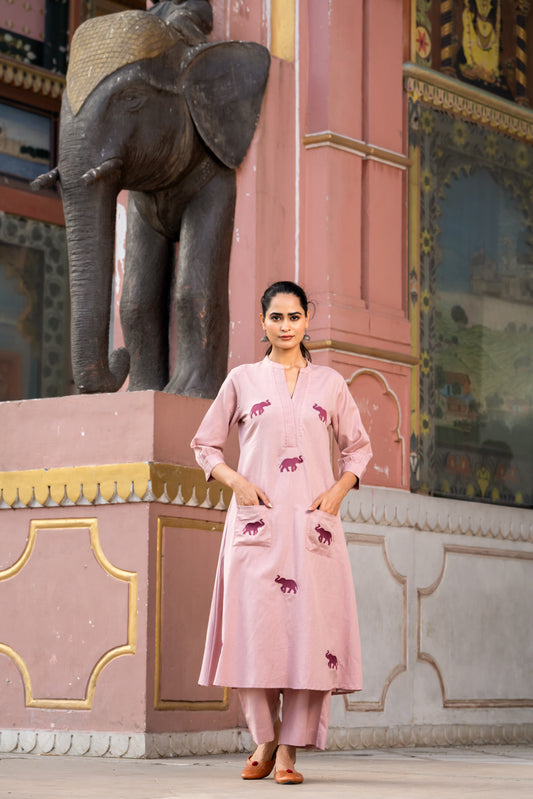 Nude pink handloom cotton two piece set fully embroidered cordset (T109)