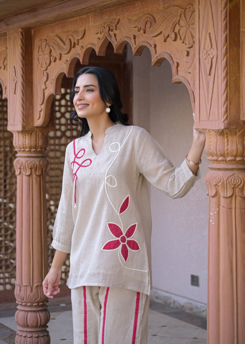 Jute linen with mul lining full dori work smart two piece cordset (B907)