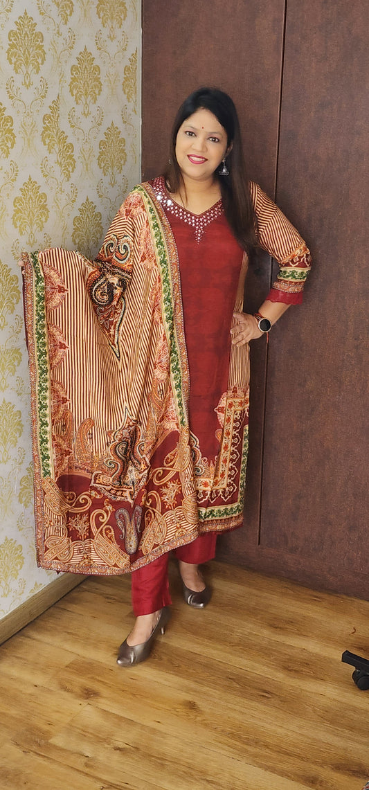 Mahroon pure silk three piece set (P767)