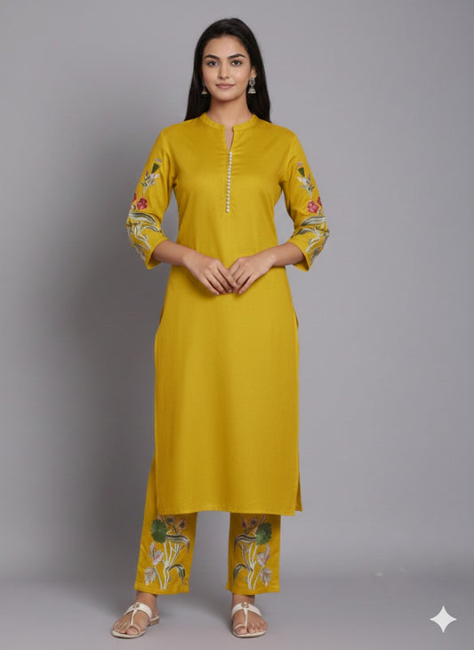 Lime yellow full thread work two piece cordset (A1501)