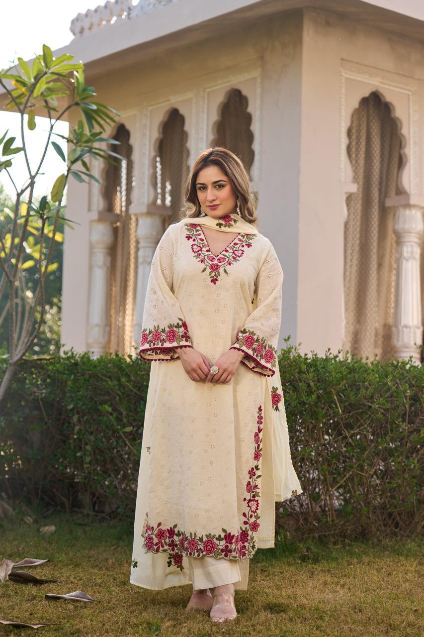 Cotton hakoba with mul lining full thread work three piece set (B877)