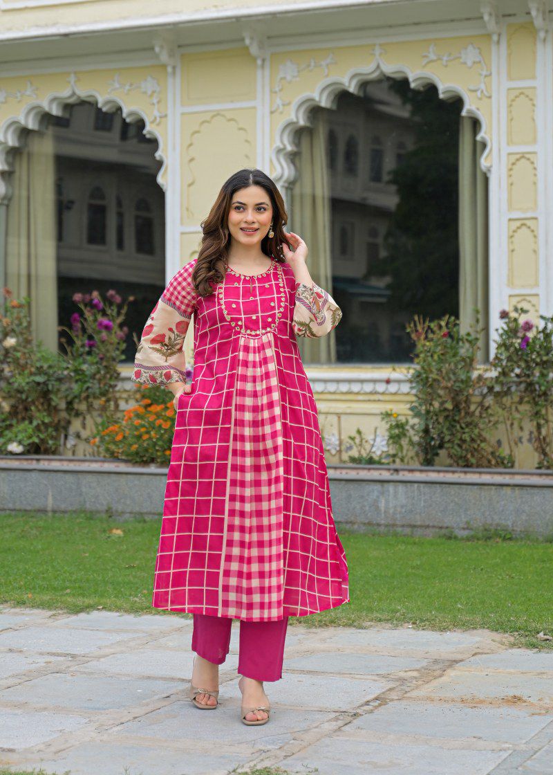 Pink mul cotton with lining A line pattern smart two piece set (S134)