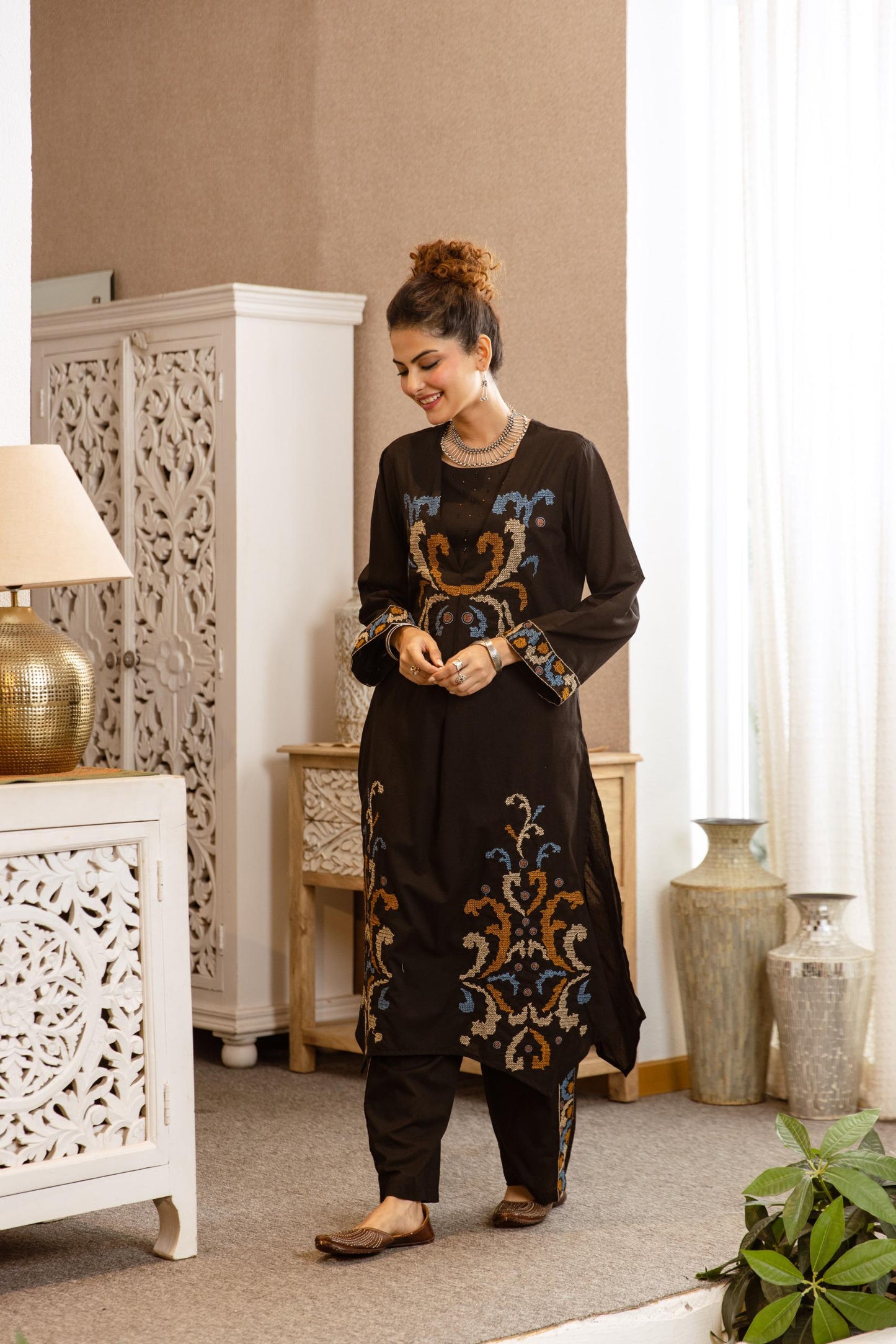 Black Pure cotton fully embroidered on top and bottom smart two piece cordset (S173)