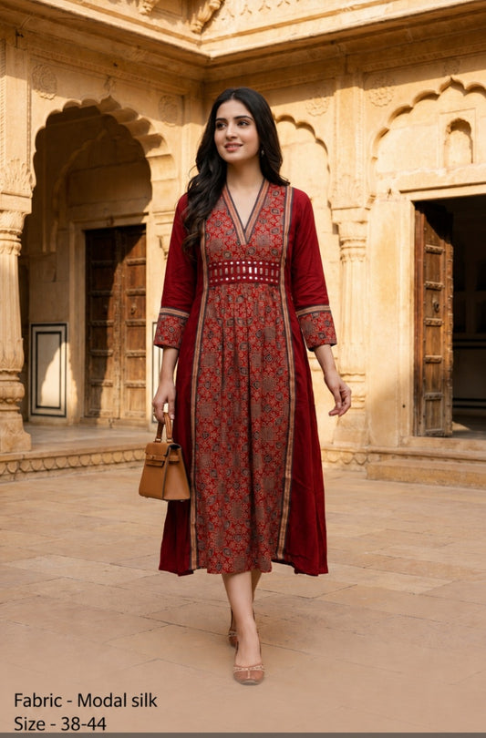 Red pretty soft modal silk ajrakh real mirror dress with pockets (loose fit) (C161)