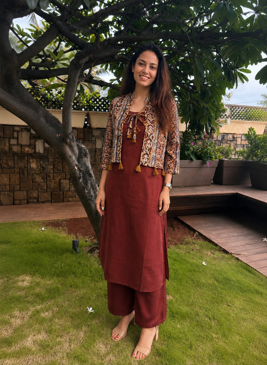 KALAMKARI SHRUG KURTA PALAZZO SET WITH MIRROR WORK ON KURTA WITH  PALAZOS (B719)