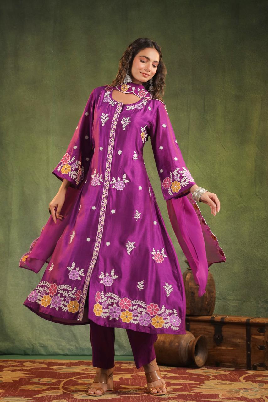 Purple pure dola silk with cotton lining three piece set (P858)