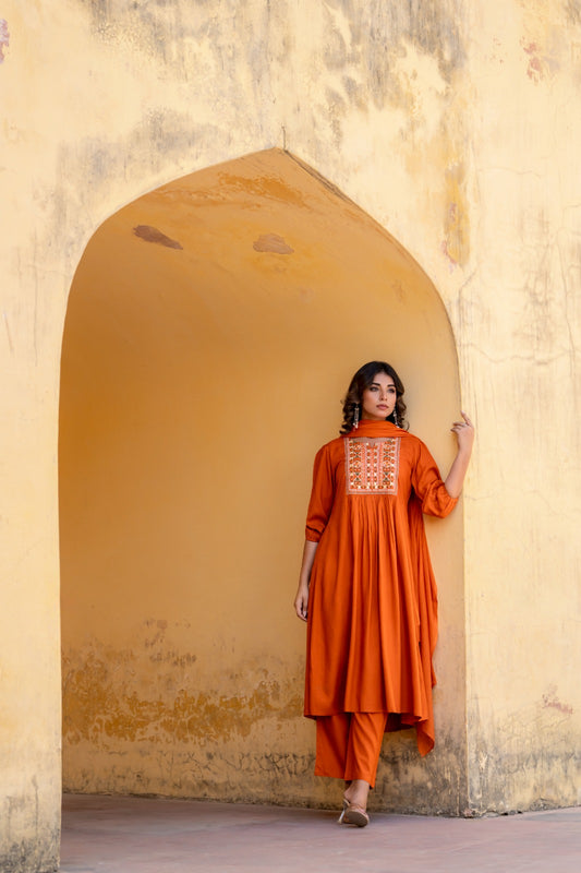 Orange cotton modal fully embroidered three piece set (P2135)