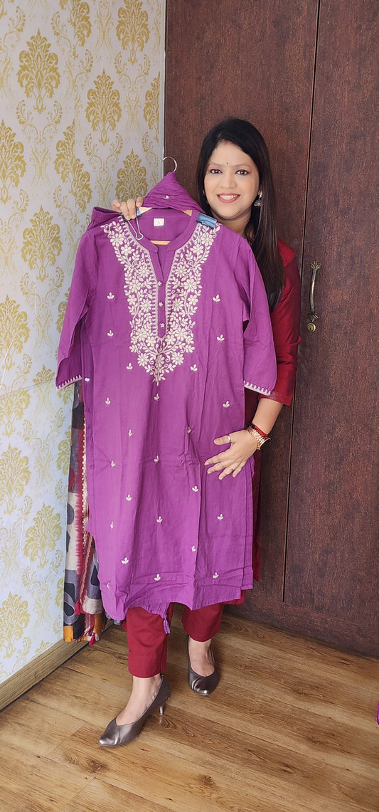 Purple handloom cotton with chikankari work three piece set (P881)