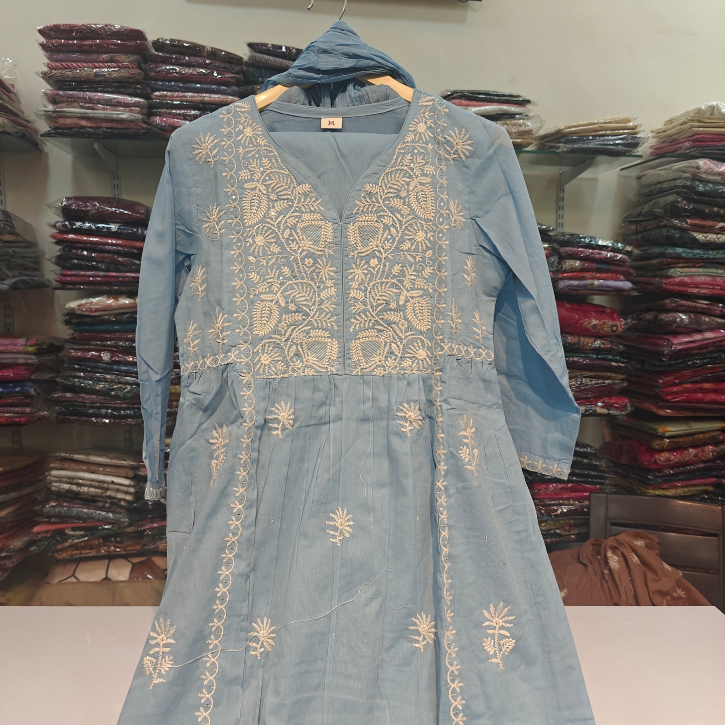 Light powder blue A line with lining fully chikankari three piece set (P2256)