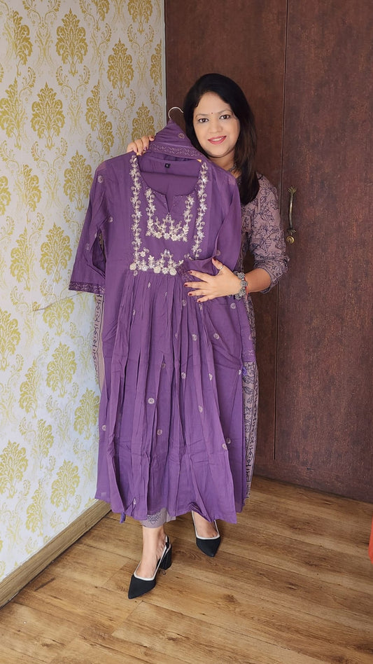 Purple mul cotton with lining three piece set (P1892)