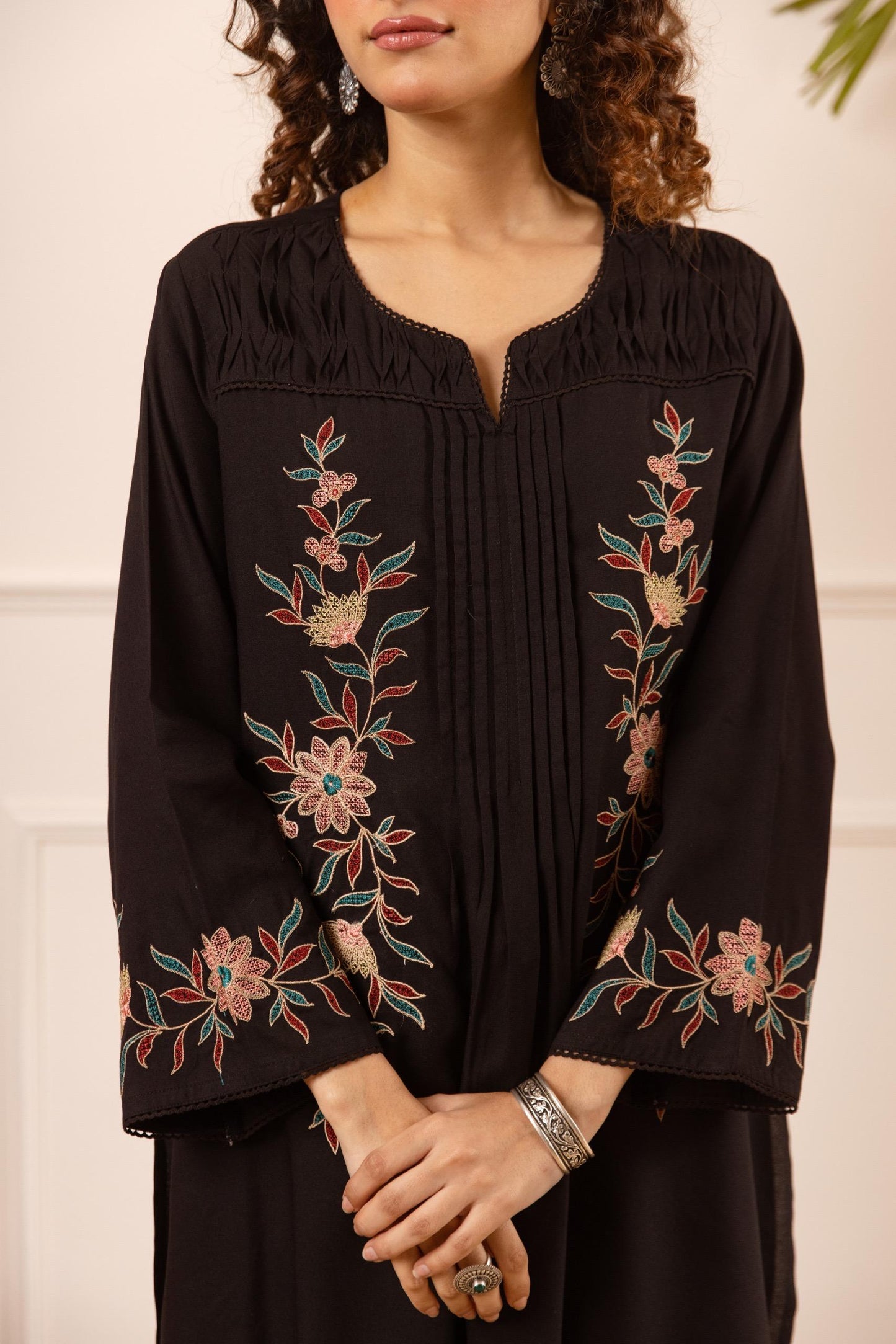 Black cotton modal fully embroidered two piece cordset (B157)